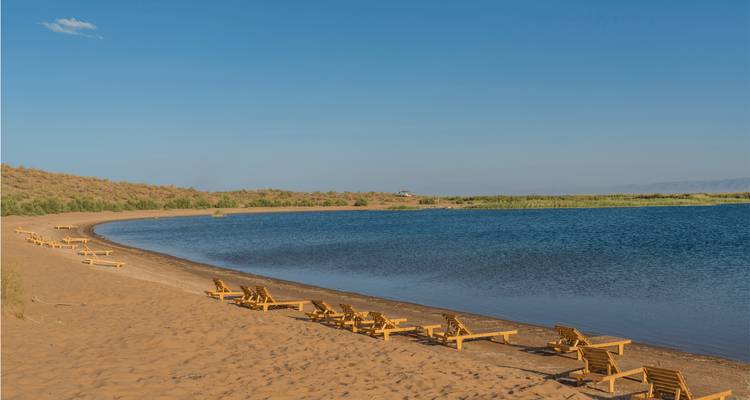 Longue étendue de plage avec chaises longues en bois et vue panoramique.