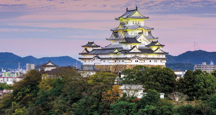 Majestuoso Castillo de Himeji blanco encaramado en una colina boscosa contra un cielo rosado del atardecer