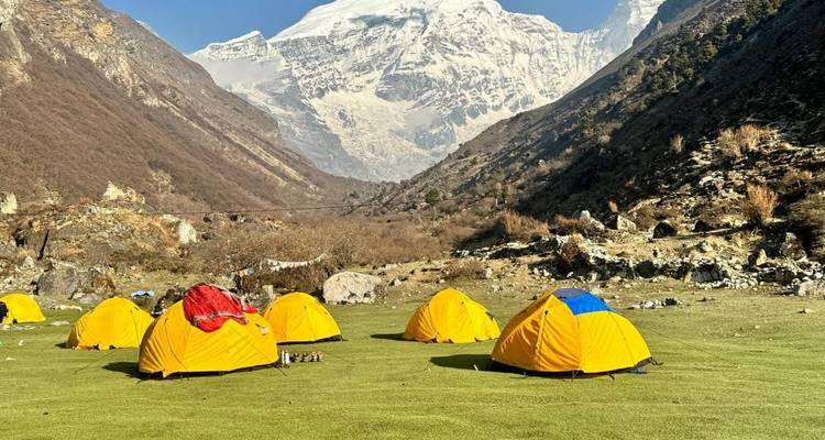 Tentes de camping dans une vallée avec un décor de montagne enneigée.