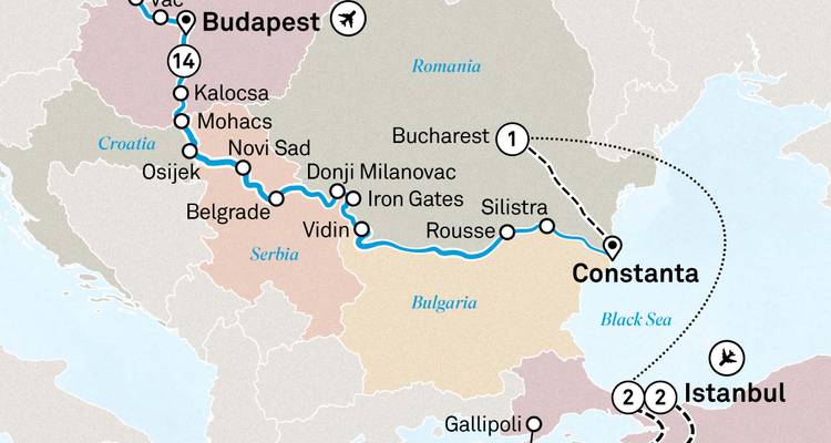 Mapa de ruta ilustrado que muestra el camino de viaje desde Budapest a través de los Balcanes hasta Estambul y el Mar Negro