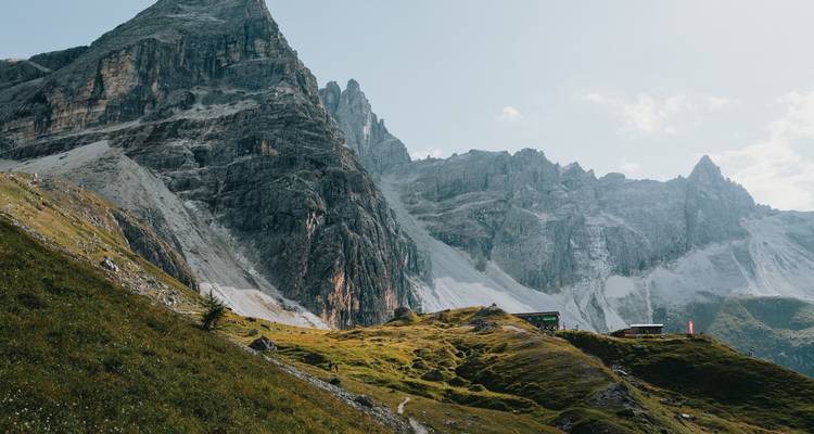 Vue de montagne avec des pentes herbeuses et des arbres épars.