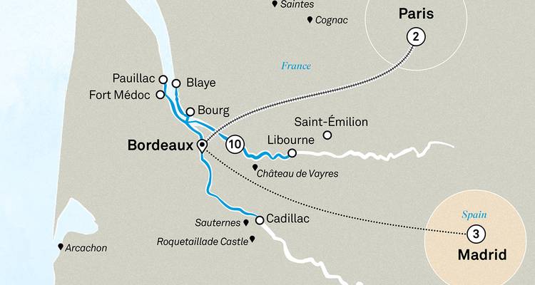 Mapa regional de la región vinícola de Burdeos que muestra pueblos ribereños como Libourne, Blaye y Pauillac.