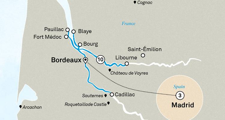 Regionale kaart van Bordeaux wijncruise met uitbreiding naar Madrid.