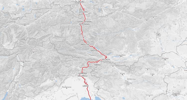 Route map showing a cycling itinerary from Salzburg to Udine and Grado across the Alps.