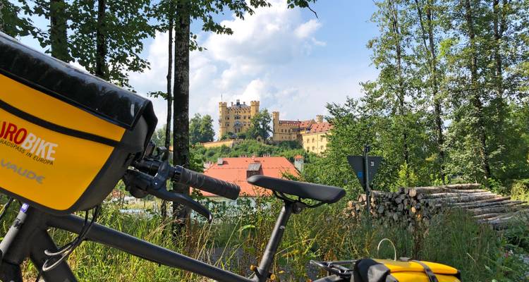 Vélo garé près de la verdure avec vue sur un château en arrière-plan.