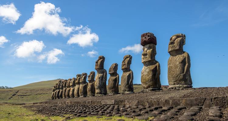 Estatuas icónicas de piedra en fila sobre terreno cubierto de hierba.