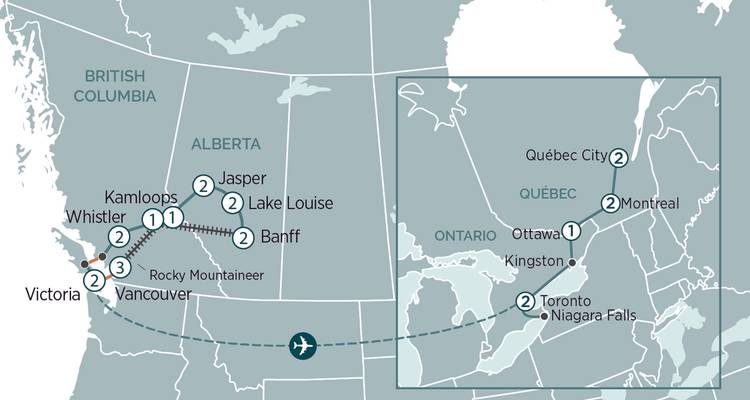 Stilisierte Karte, die eine Trans-Kanada-Reiseroute von Vancouver durch die Rocky Mountains nach Toronto zeigt.
