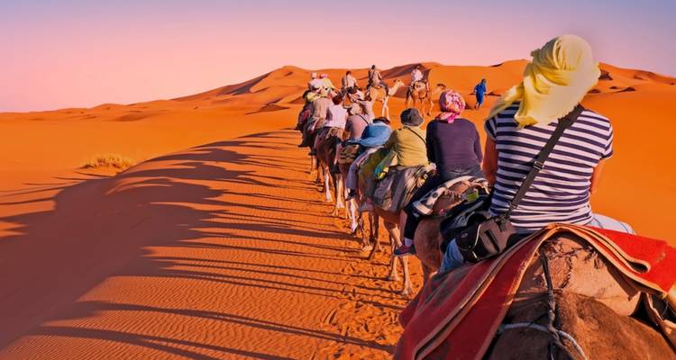 Turistas montados en camello en el desierto.
