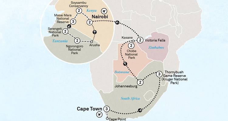 Travel itinerary map across southern and eastern Africa from Cape Town to Nairobi