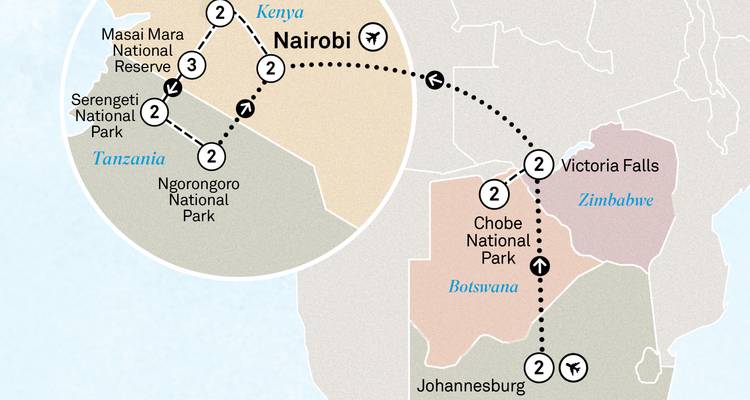 Carte montrant un itinéraire de safari animalier à travers le Kenya, la Tanzanie, le Botswana et le Zimbabwe.