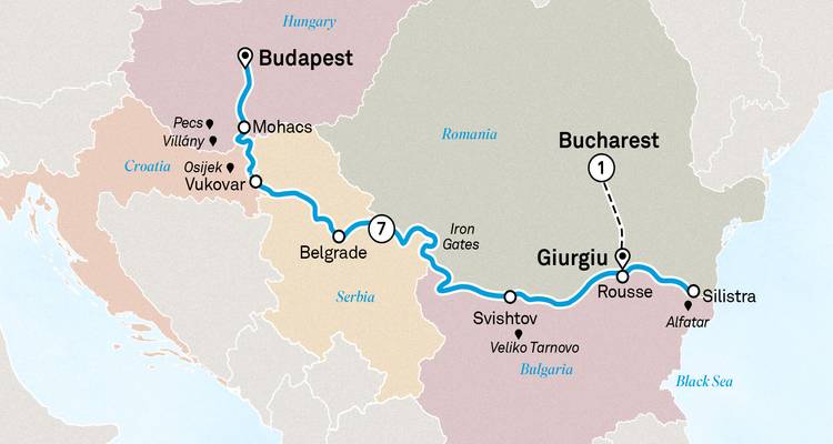 Carte de croisière simplifiée de Budapest à Giurgiu en traversant le Danube.