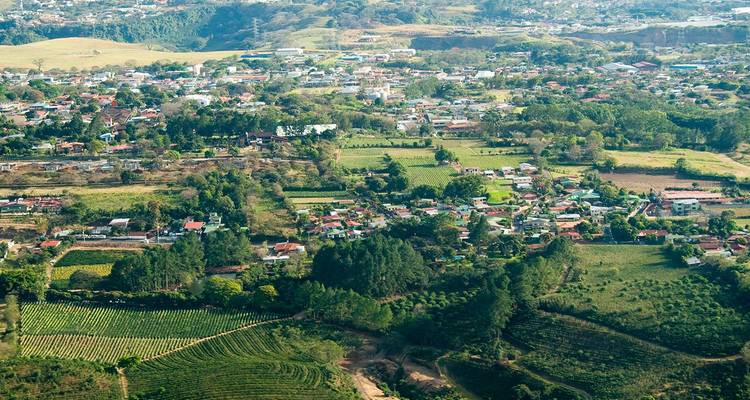 Mosaico de granjas, árboles y pequeños asentamientos dispersos en un valle verde visto desde arriba bajo una luz de tarde brumosa.