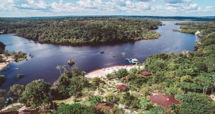 Vista aérea de un río que fluye a través de la selva amazónica.