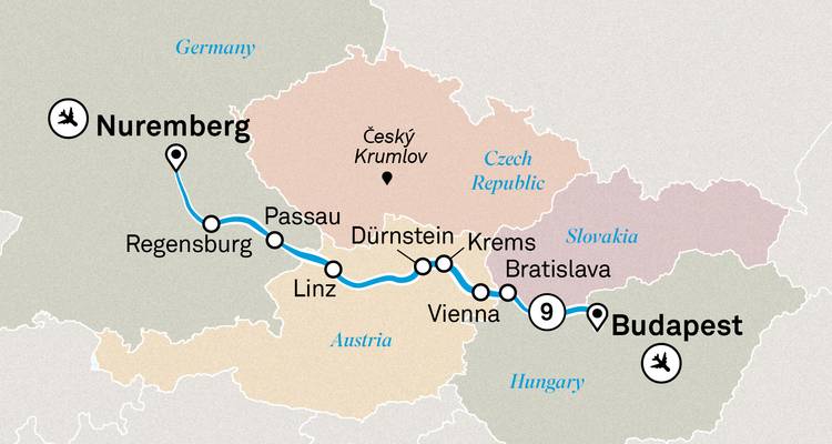 Carte d'itinéraire illustrée d'une croisière sur le Danube entre Nuremberg et Budapest.