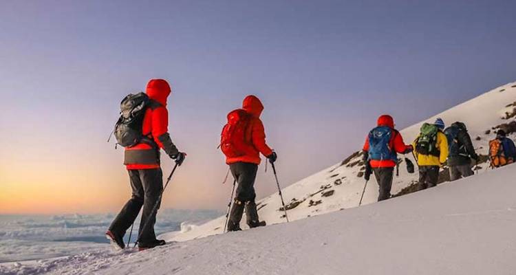 Group of hikers trekking up a snow-covered mountain.