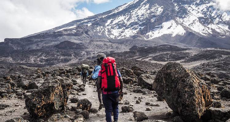 Trekkers walking on a rocky path towards a snow-capped mountain.