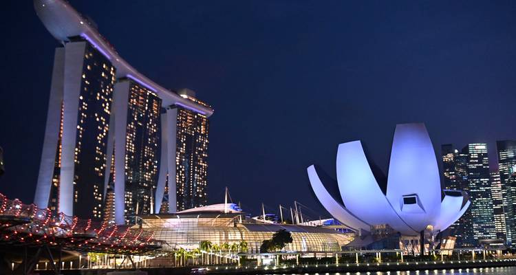 Vue nocturne de Marina Bay Sands et du musée ArtScience en forme de lotus illuminé contre l'horizon de Singapour.