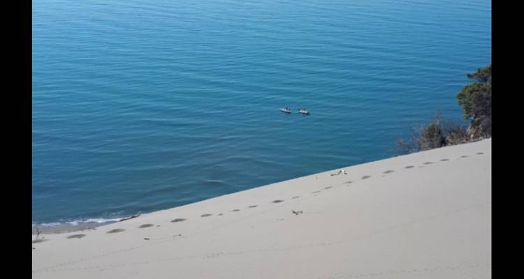 Playa de arena con olas suaves y dos personas en el agua.