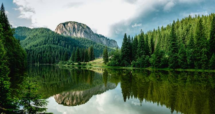 Vue panoramique d'un lac entouré d'une forêt dense et de falaises se reflétant dans l'eau.