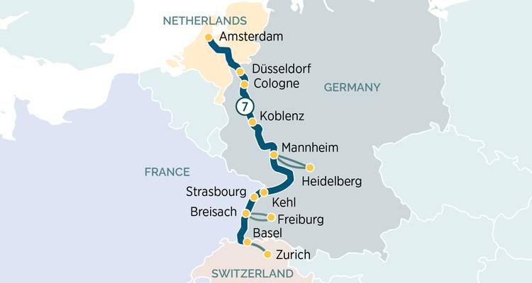 Carte d'itinéraire mettant en évidence la croisière fluviale d'Amsterdam à Zurich avec les principales escales urbaines.