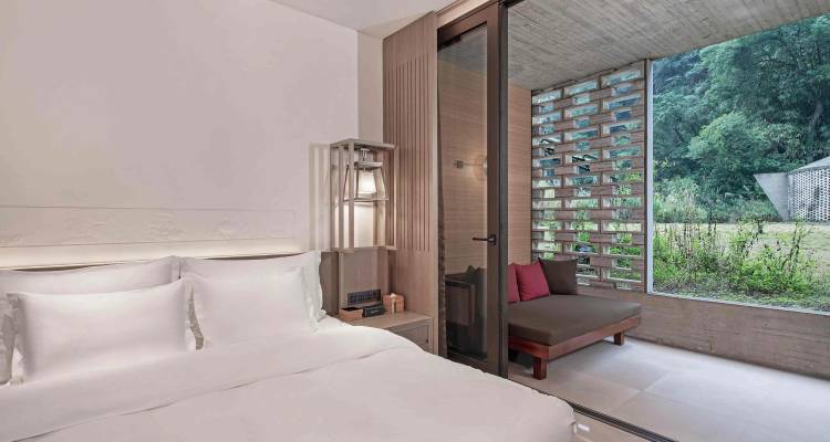 Modern hotel bedroom with open glass door leading to a small garden and forest view.