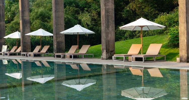 Serene hotel pool bordered by loungers and white umbrellas reflecting on still green water beside manicured grass.