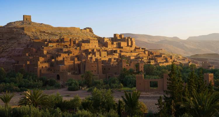 Ait Benhaddou fortification complex with its unique architecture in the desert.
