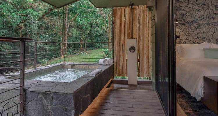 Bain à remous privé en pierre sur un balcon donnant sur une forêt luxuriante et verdoyante.