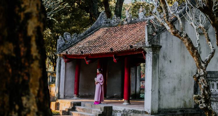 Une femme en ao dai rose se tient devant un sanctuaire historique aux piliers rouges encadrés par des arbres.