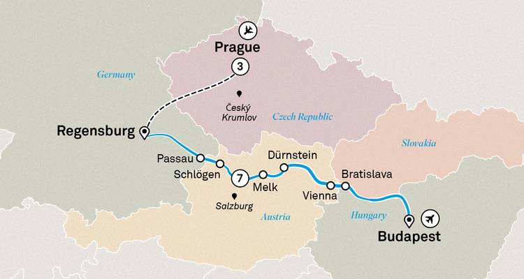 Mapa de itinerario ilustrado que muestra un viaje de Praga a Budapest con ruta fluvial y paradas en ciudades.