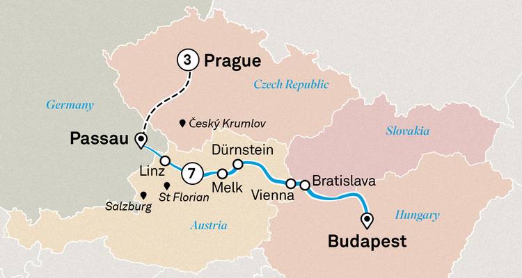 Mapa que muestra la extensión de Passau a Praga vía Melk, Viena y Bratislava en un crucero por el Danubio.