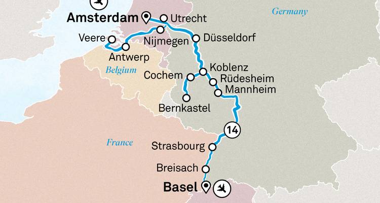 Mapa simplificado que destaca una ruta de crucero fluvial de Ámsterdam a Basilea a través del Rin y el Mosela.