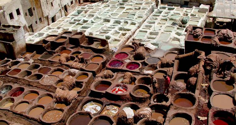A labyrinth of colorful dye pits at the famous Chouara Tannery in Fes.