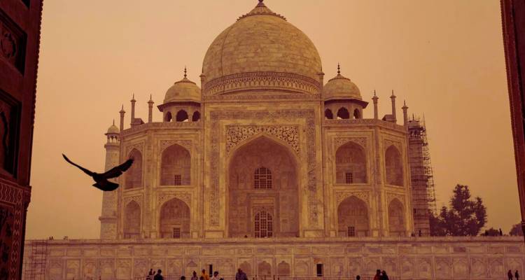 Stimmungsvolle Dämmerungsansicht des Taj Mahal, eingerahmt von einem Bogen, während ein Vogel als Silhouette im Flug zu sehen ist.