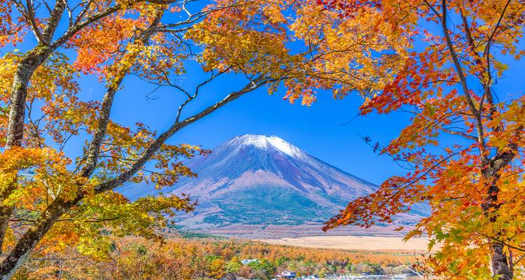 Snow-capped Mount Fuji framed by vivid red and orange autumn leaves against a clear sky.