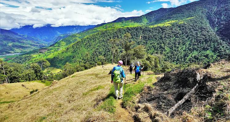 Mochileros caminando por un sendero de cresta a través de tierras altas andinas verdejantes con vistas panorámicas del valle.