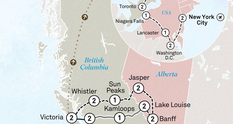 Stylized itinerary map highlighting major stops across Canada and the USA from Victoria to New York City.