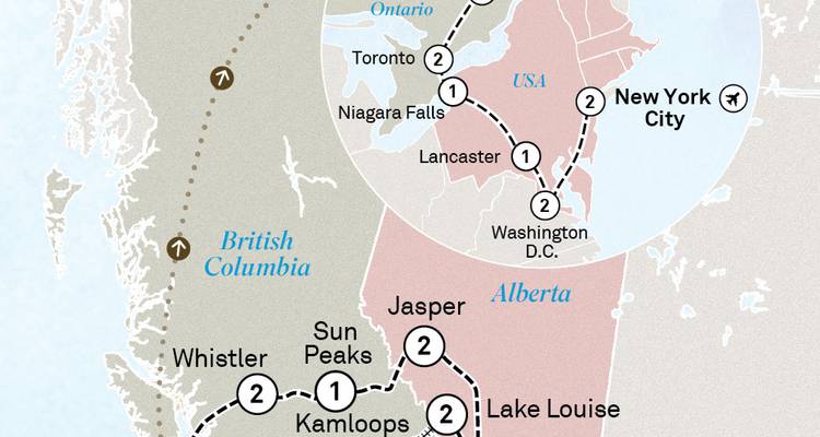 Mapa de itinerario ilustrado que muestra la ruta de viaje a través de Toronto, Cataratas del Niágara, Lancaster, Washington D.C. y la Ciudad de Nueva York en el este de América del Norte.