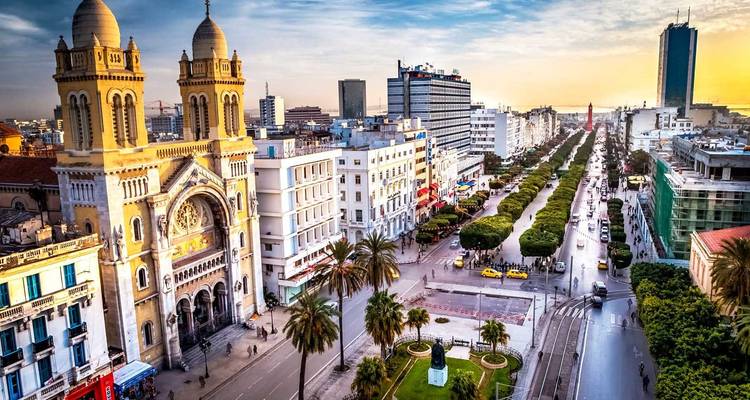 Levendige stadsboulevard met de sierlijke kathedraal, palmbomen en druk verkeer onder een warme avondhemel.