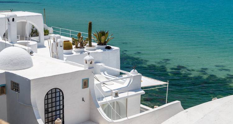 Witgekalkte koepels en terrassen van Sidi Bou Said huizen met uitzicht op turquoise Middellandse Zee wateren.
