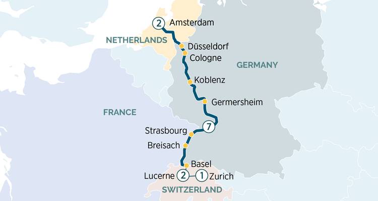 Carte d'itinéraire simplifiée montrant le trajet d'Amsterdam à Zurich via les villes allemandes.