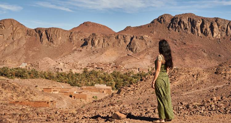 A young woman in a green dress gazes over a desert valley village with palm trees and rugged mountains under a clear blue sky.