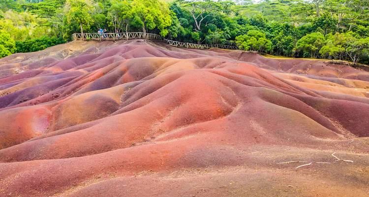 Vibrant multicoloured sand dunes surrounded by lush green forest with a small group of visitors on a wooden viewing deck