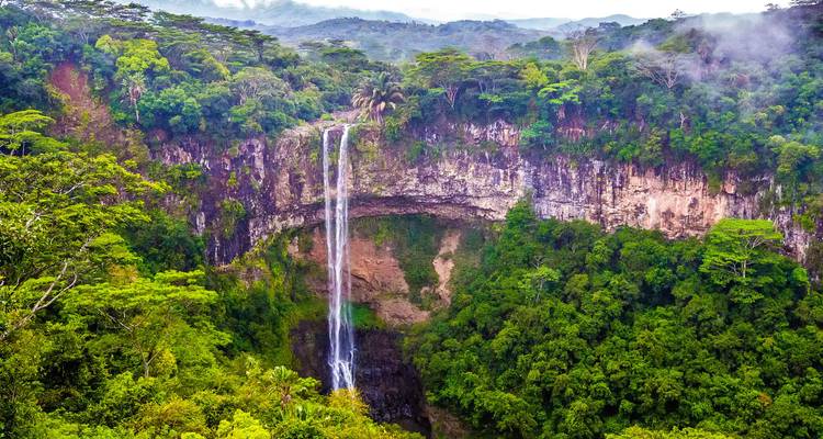 Tall, narrow waterfall plunging into a lush green canyon surrounded by dense tropical forest