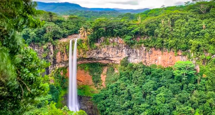 Chamarel waterfall plunging into dense rainforest with misty mountains in background
