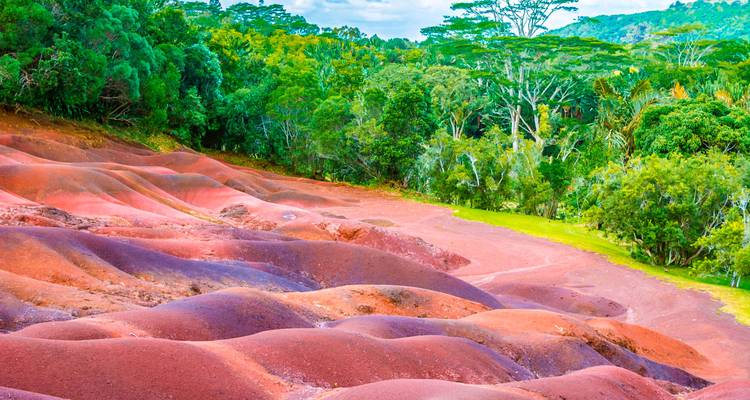 Undulating red and purple sand dunes set against dense green forest in Chamarel