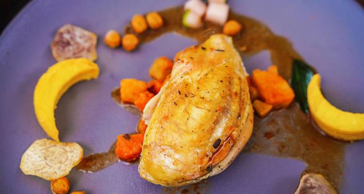 Plato gourmet con pechuga de pollo asada, garbanzos, calabaza y salsa dispuestos artísticamente