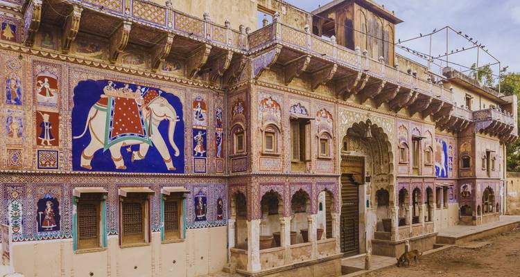 Sierlijk beschilderde haveli-gevel in Mandawa met levendige olifantmuurschilderingen en gesneden balkons.