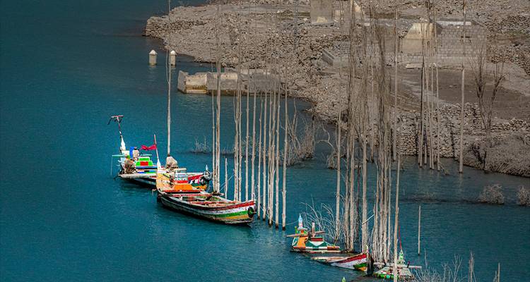 Línea de botes de madera pintados con colores brillantes flotando en un lago azul profundo con árboles sumergidos