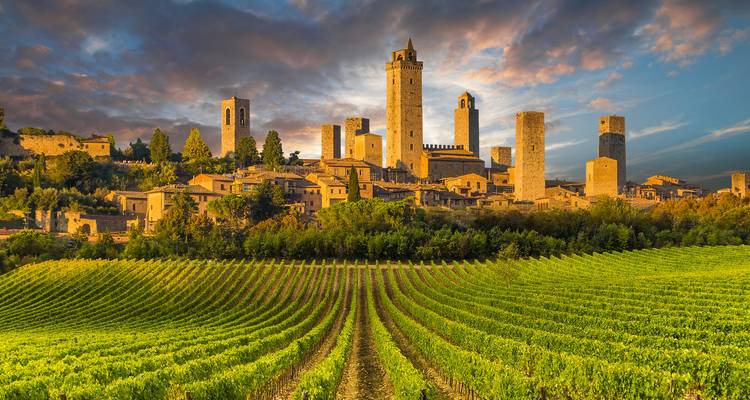 Medieval towers of San Gimignano rise above rolling vineyards at sunset